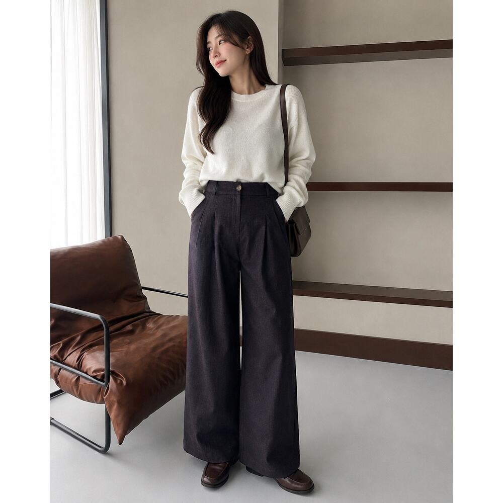 Women’s Wide Leg Pleated Pants Dark Gray Navy High Waist Trousers Large - Picture 10 of 10